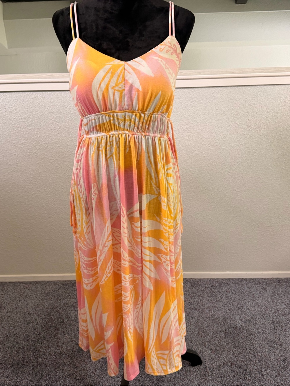 Smocked Waist Tropical Maxi Dress in Pink & Yellow